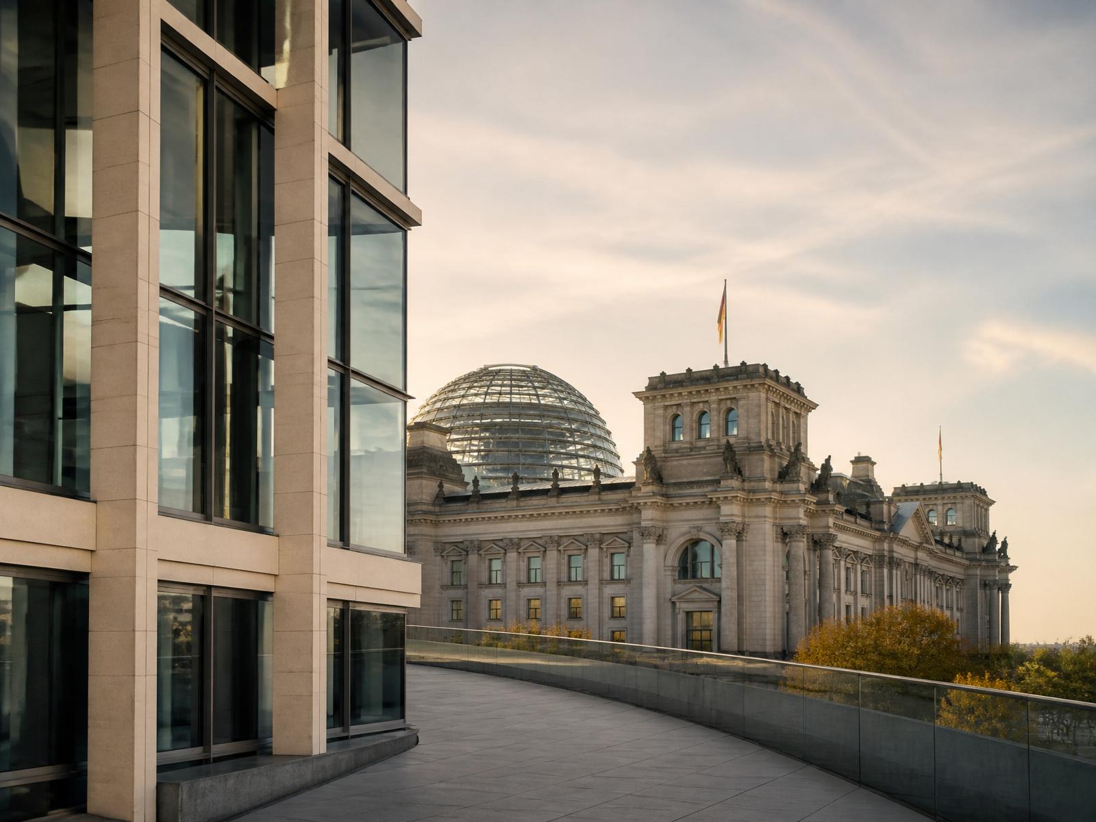 Berlin government quarter with the Reichstag dome at dusk