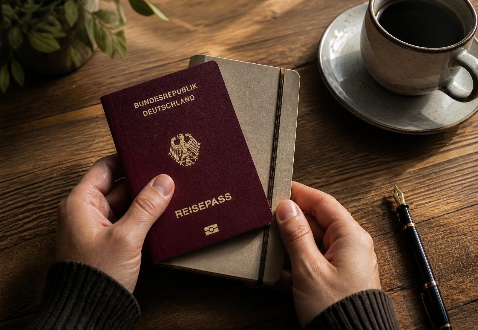 Hands holding a German passport and a notebook on a warm wooden desk